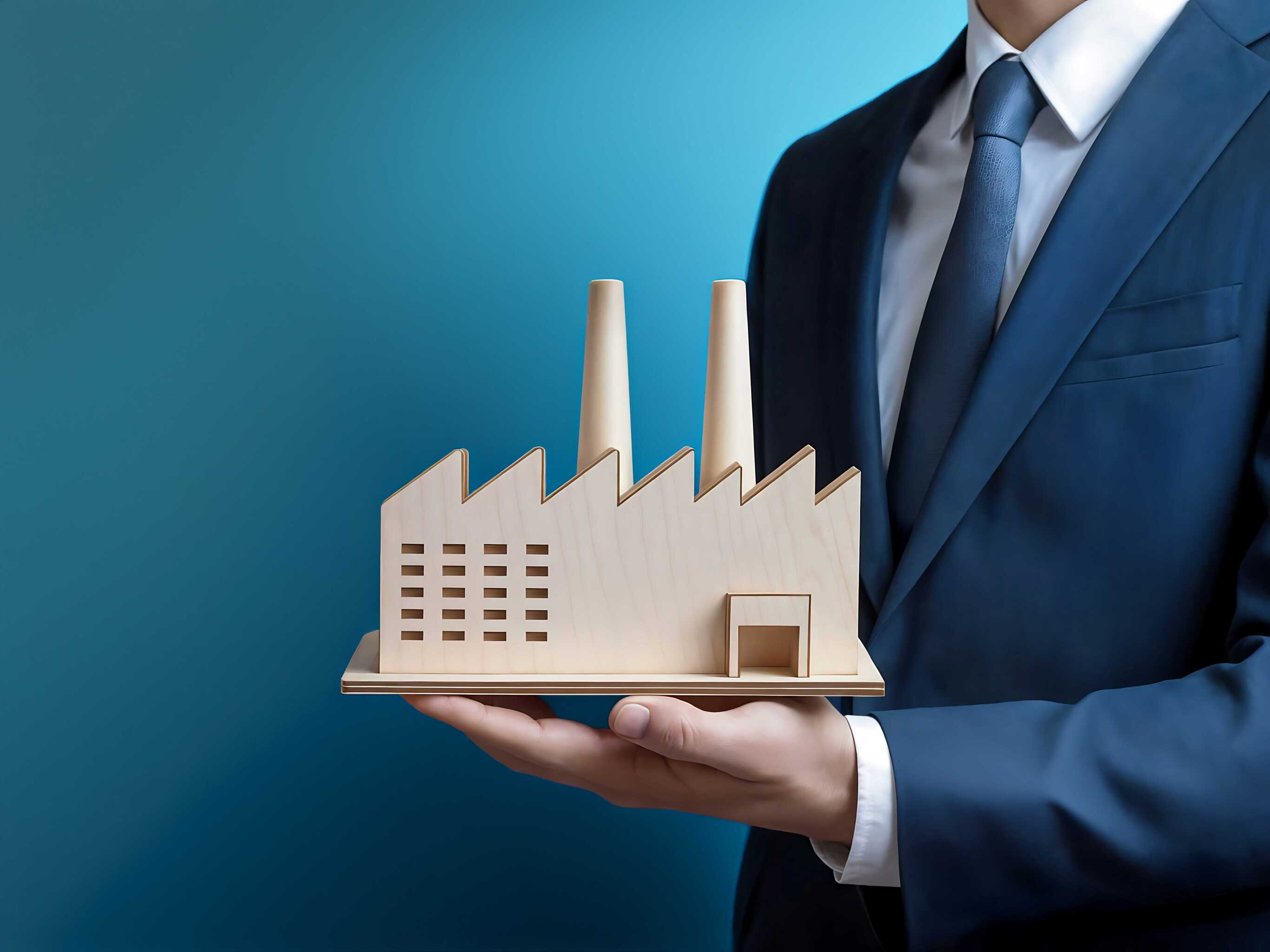 Maquette d'une usine dans la main d'un homme en costard.
